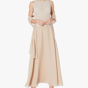 J Kara Silver Tan Gown Long Sleeve Scoop Neck